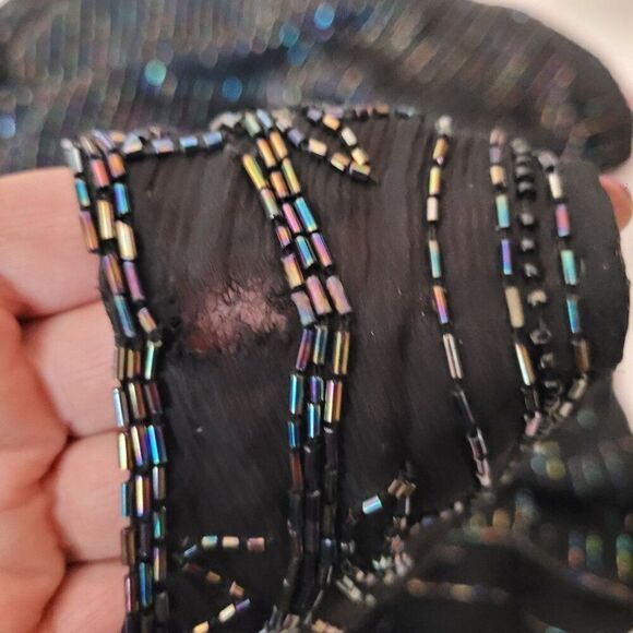 Vtg 80s Does 20s Black Oil Slick Beaded Silk Flapper Dress Sz M Great Gatsby - Picture 13 of 14